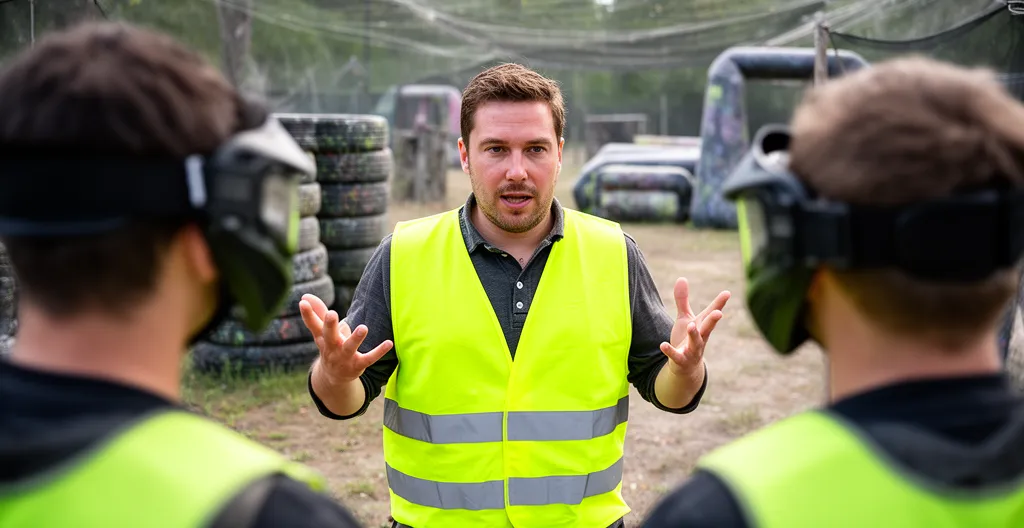 Animateur sportif expliquant les consignes de sécurité à un groupe de paintball