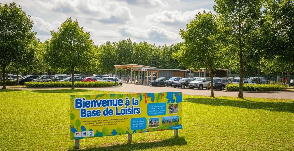 Entrée base de loisirs paintball avec parking et espace vert