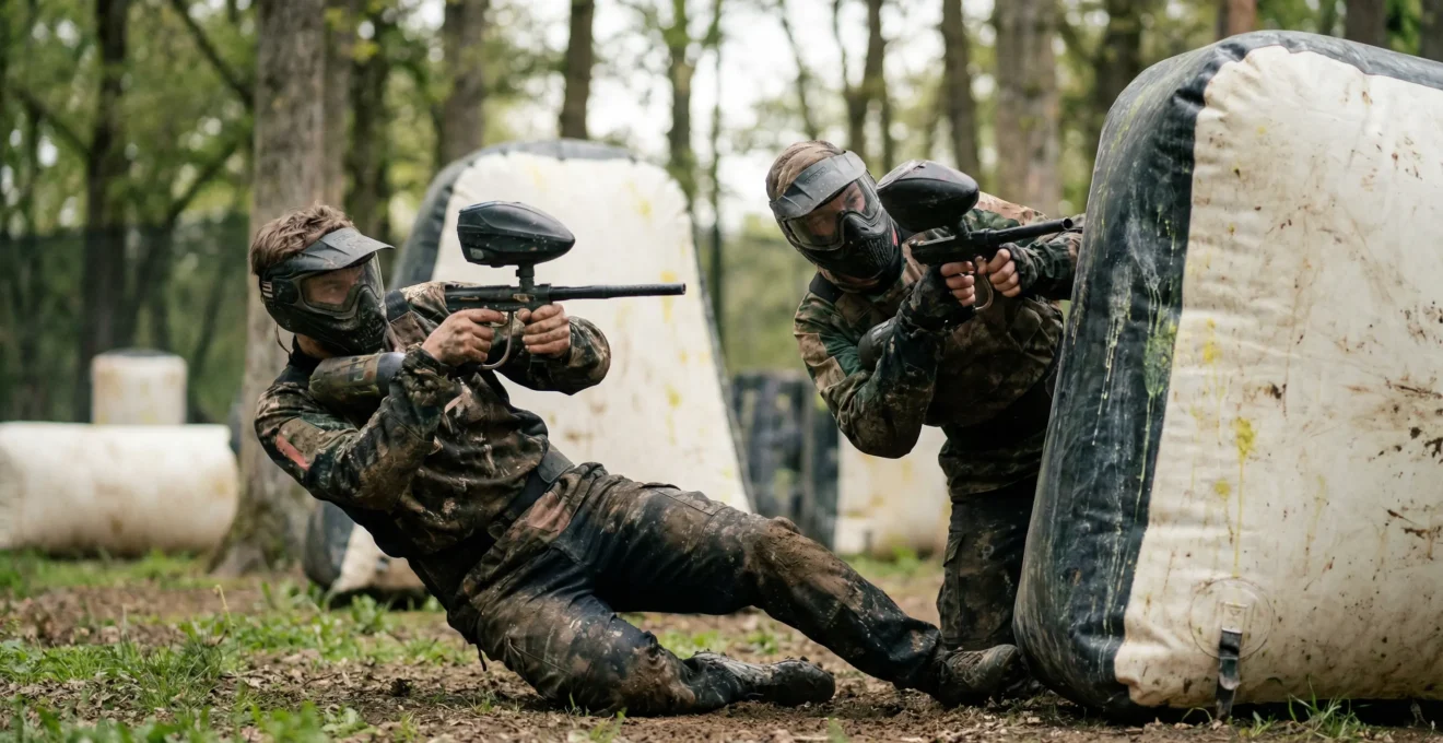Joueurs de paintball en action sur terrain extérieur avec obstacles