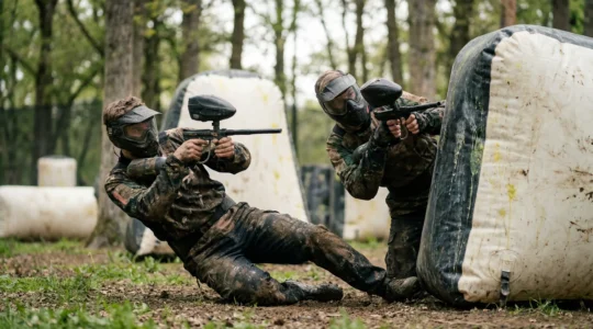 Joueurs de paintball en action sur terrain extérieur avec obstacles
