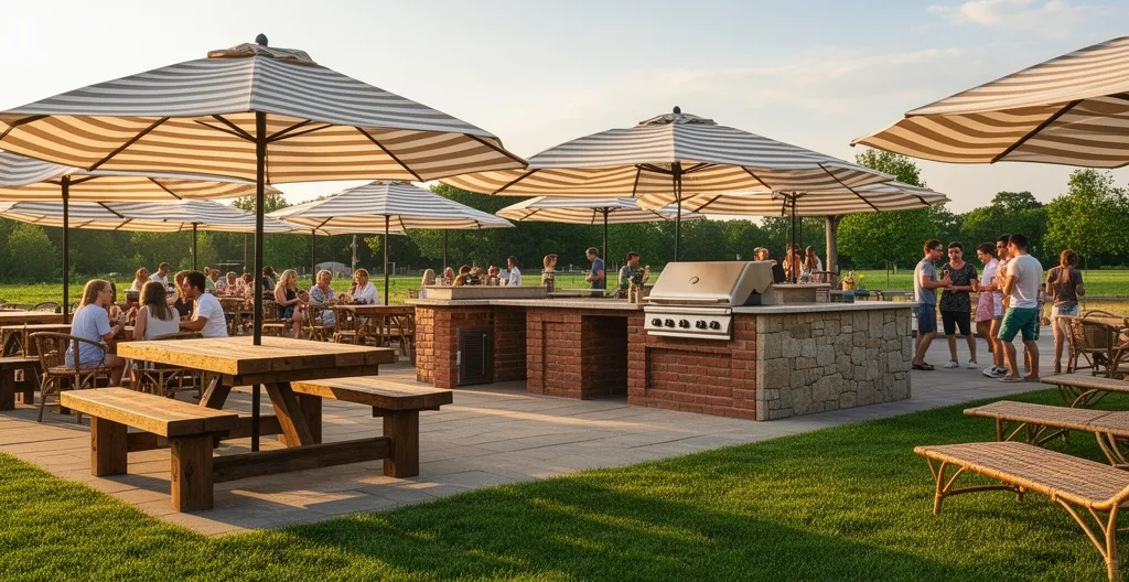 Terrasse extérieure avec tables et espace barbecue dans une base de loisirs