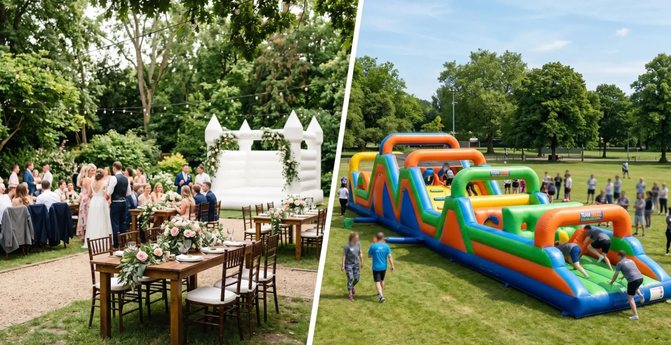 Vue comparative d'un espace mariage champêtre avec château gonflable discret et d'un espace team building professionnel avec parcours gonflable coloré
