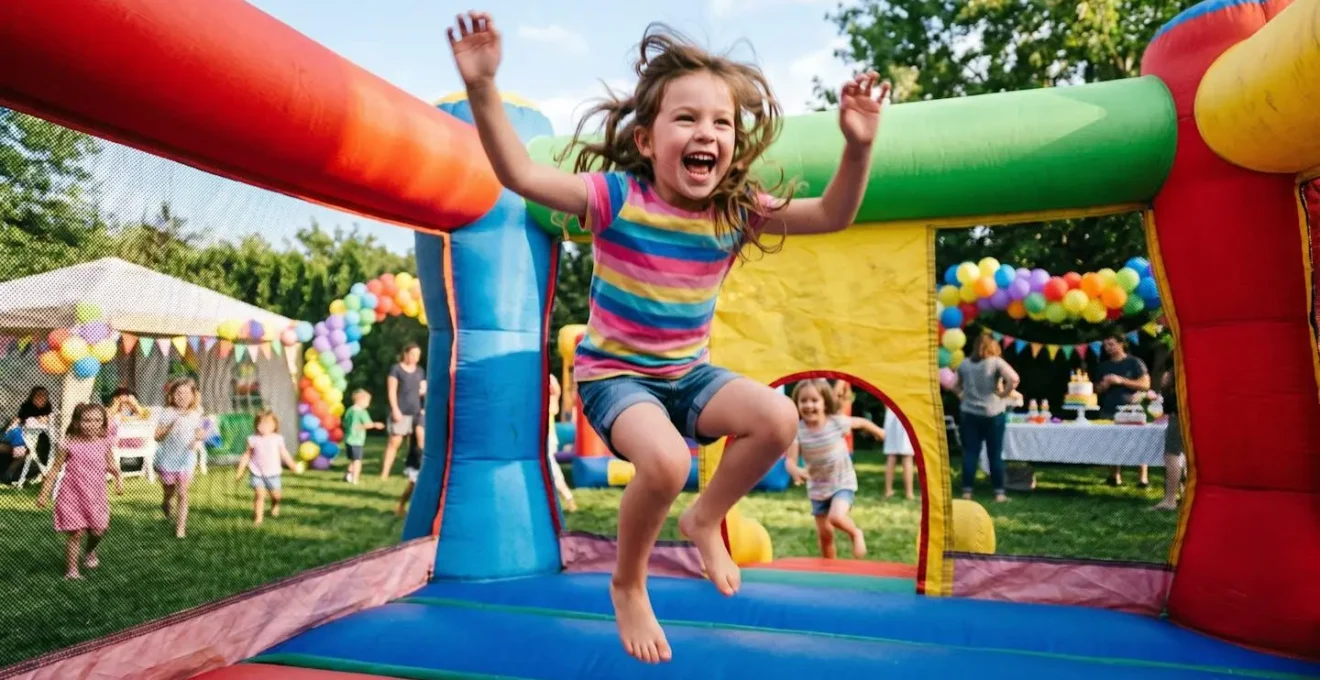 Enfant souriant qui saute dans un château gonflable coloré lors d'une fête d'anniversaire en plein air