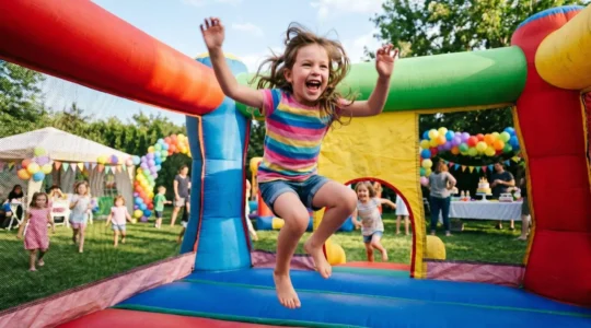 Enfant souriant qui saute dans un château gonflable coloré lors d'une fête d'anniversaire en plein air