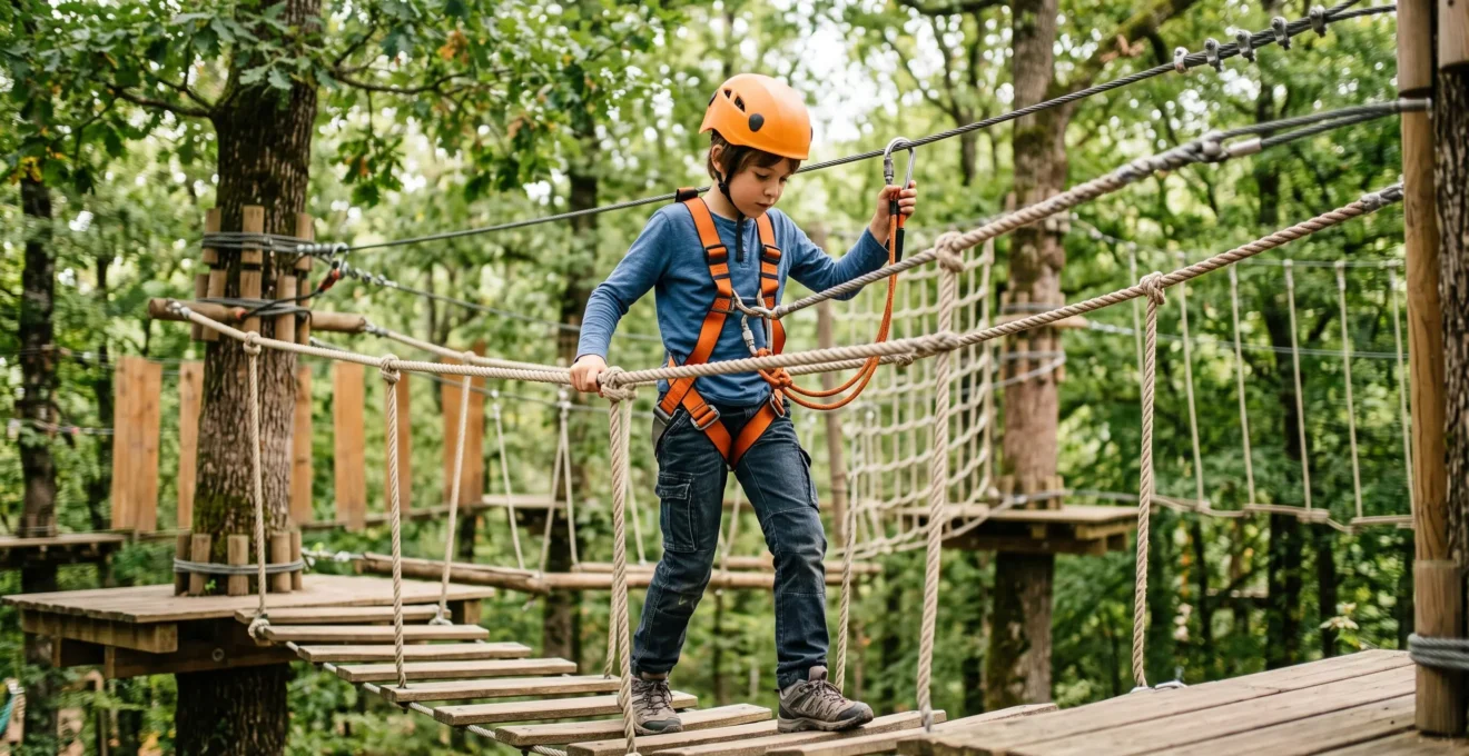 Enfant équipé d'un harnais de sécurité progressant sur un parcours accrobranche en forêt