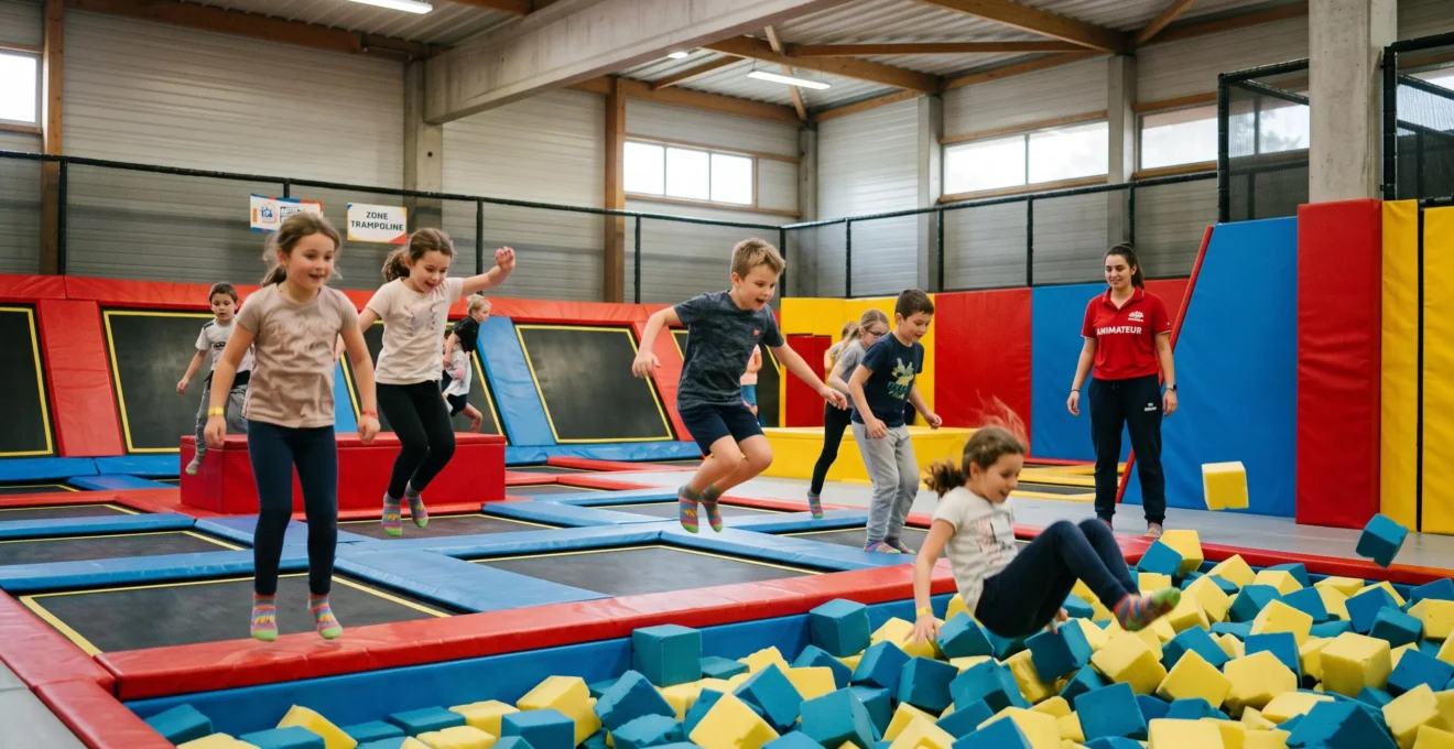 Groupe d'enfants sautant sur des trampolines lors d'un anniversaire dans un parc de loisirs indoor avec animateur en supervision