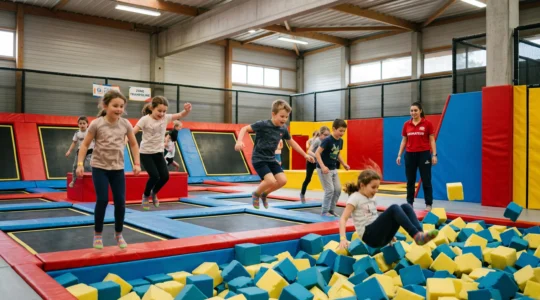 Groupe d'enfants sautant sur des trampolines lors d'un anniversaire dans un parc de loisirs indoor avec animateur en supervision