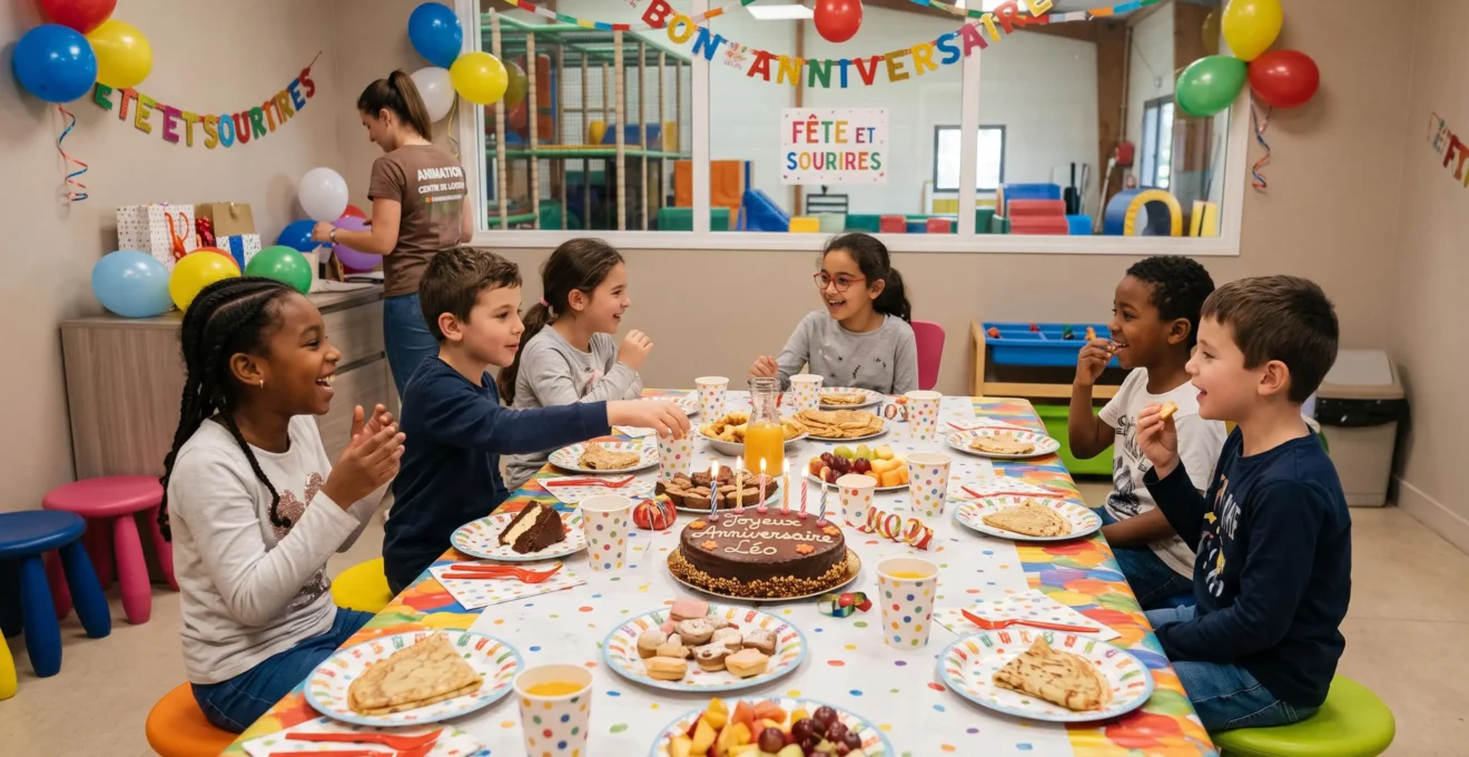 Groupe d'enfants autour d'une table d'anniversaire préparée dans la salle dédiée d'un parc de loisirs